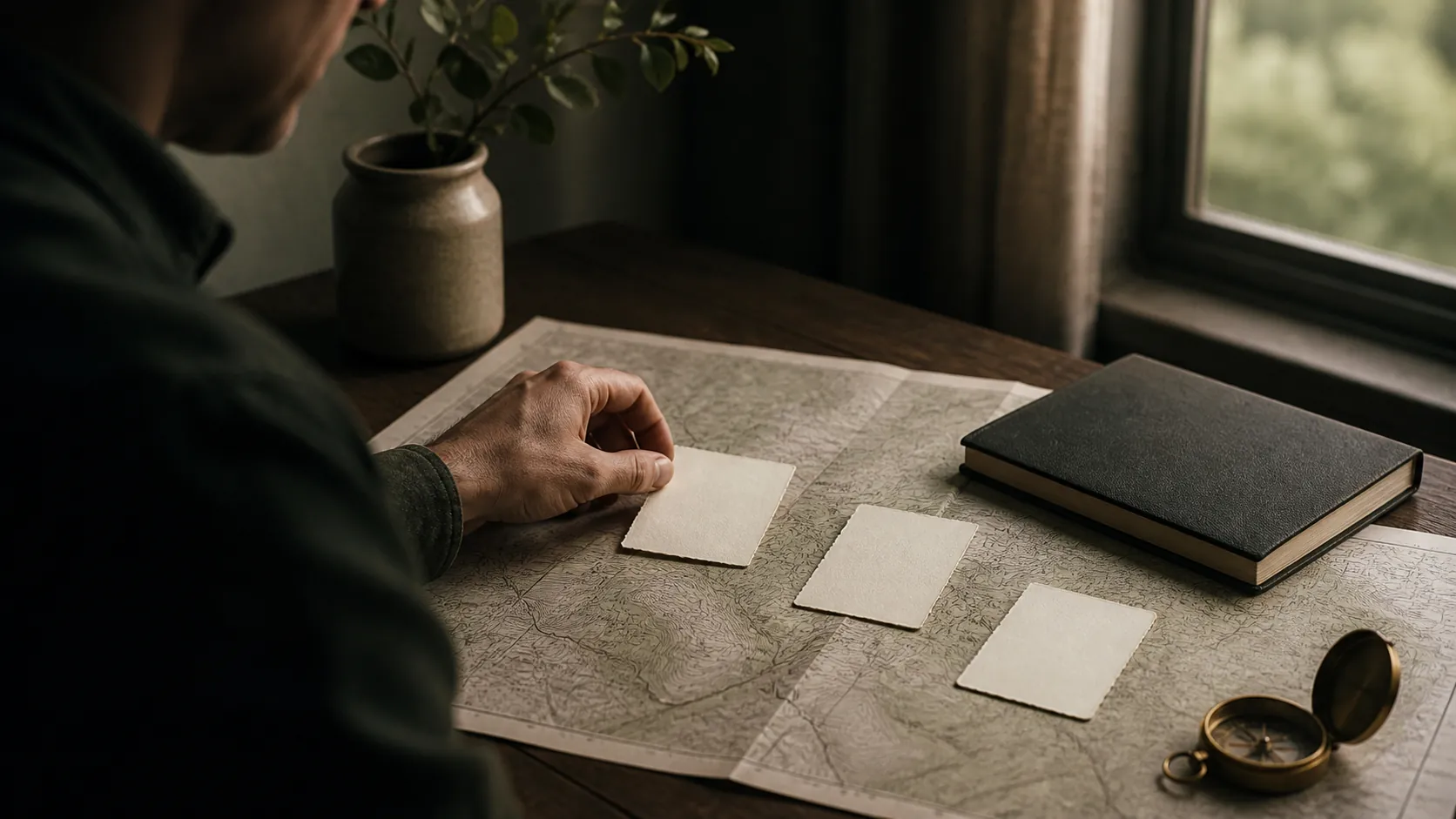 Three cards arranged on a map beside a journal and compass