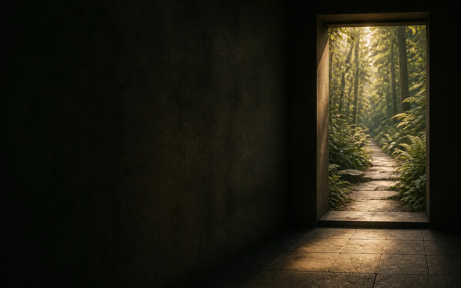 A clear doorway opening onto a quiet forest path
